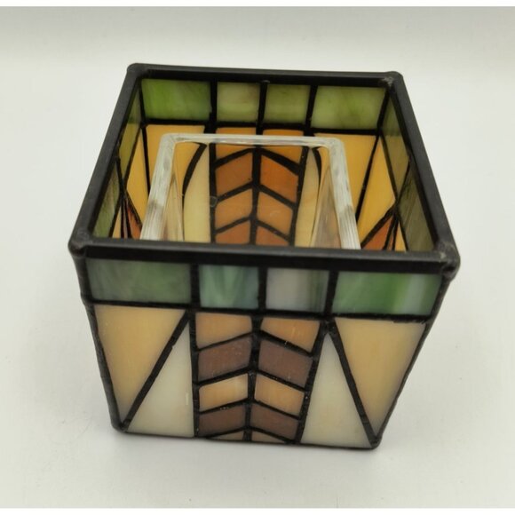 Vintage Stained Glass Candle Holder/Votive With Geometric Art Deco Craftsman - Picture 2 of 5